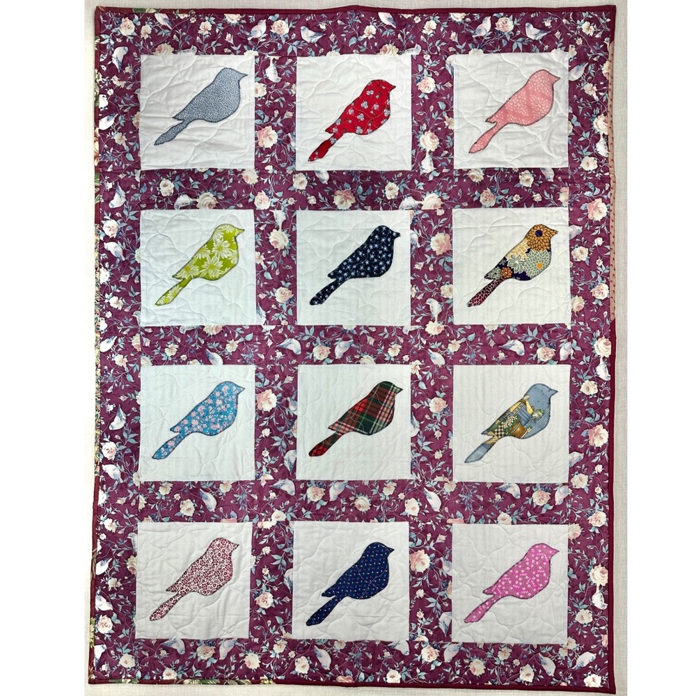 Handmade‎ Bird Applique Lap Quilt 41x53 Burgundy Floral Pastoral Toile Throw